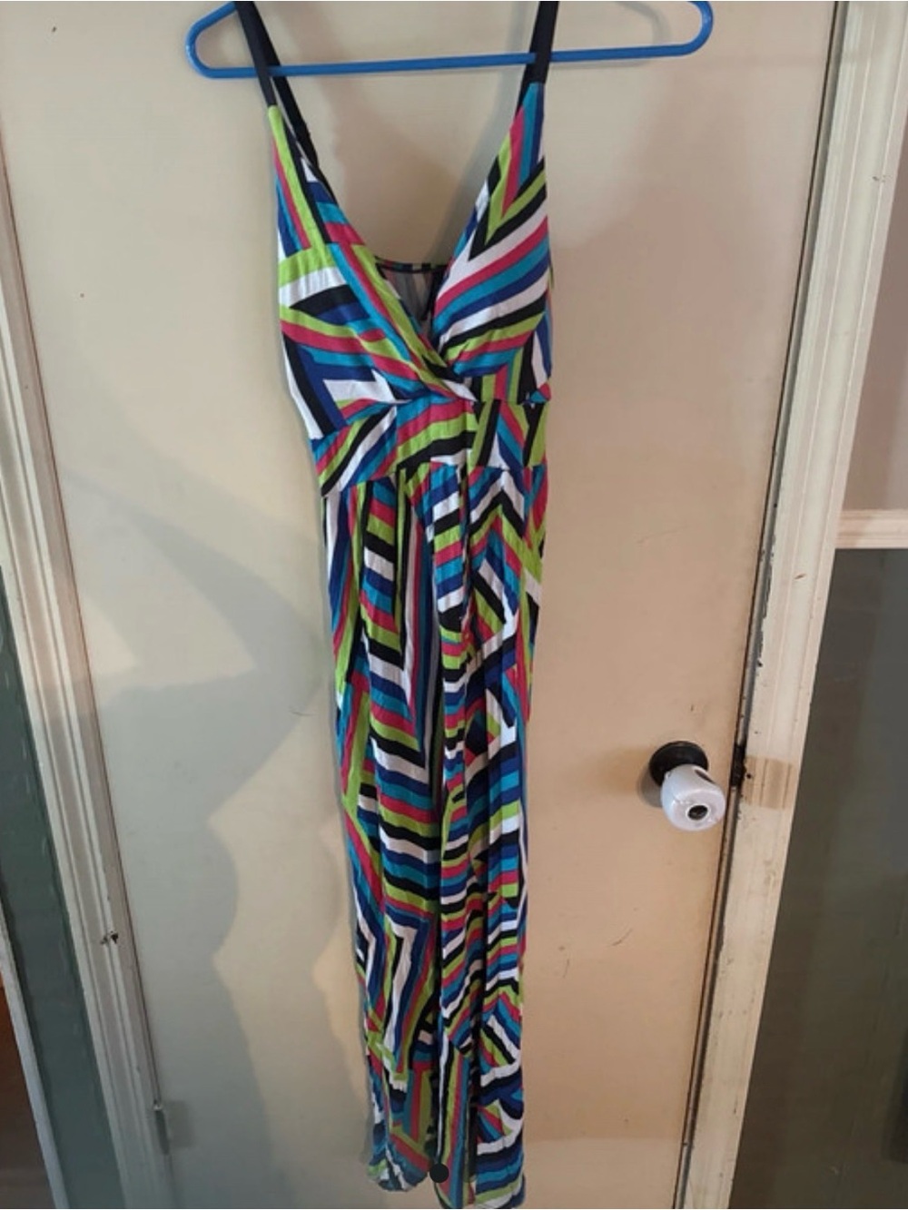 new directions Striped V-Neck Maxi Dress in Blue, Green, Pink, White, Black